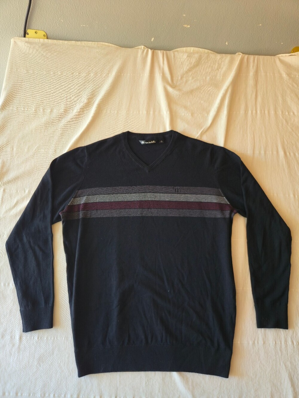 TravisMathew Men's V-Neck Sweater Navy Blue with Stripes Size Large